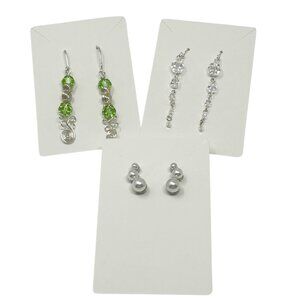 Earrings-3 Pair-Green & Silver Beaded Swirl, Pearl Stud, & Clear Crystal Dangle